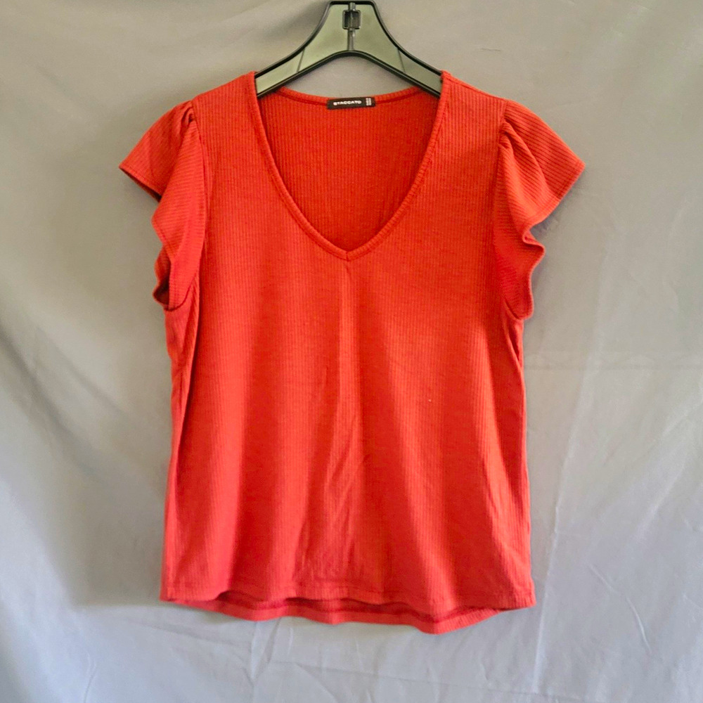 STACCATO Pink Ribbed Knit V-Neck Flutter Short Sleeve T-Shirt Women's M
